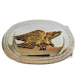 Belt Buckle Bald Eagle Silver Tone with Gold Metal Applique  2" x 3"